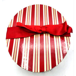 Red White Striped Oval Box Red Bow Sturdy Cardboard 9x7.5x3.5"